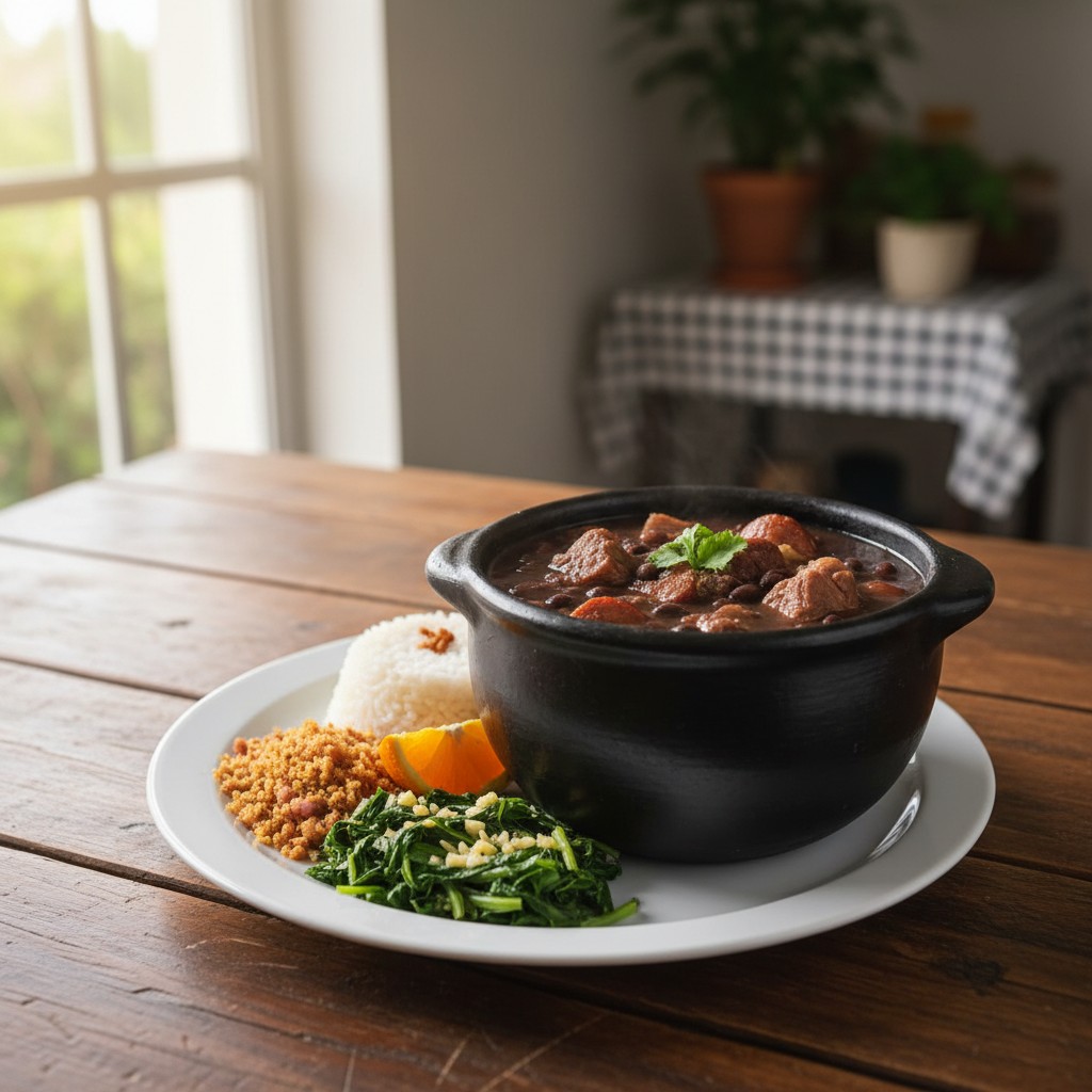 Feijoada servida em panela de barro sobre mesa de madeira, imagem gerada pelo GeraPost