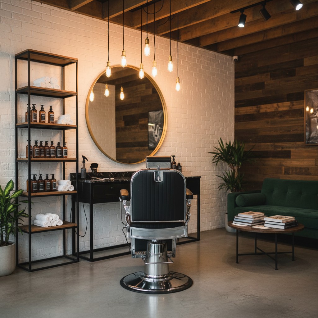 Interior de barbearia moderna com cadeira clássica e luz quente